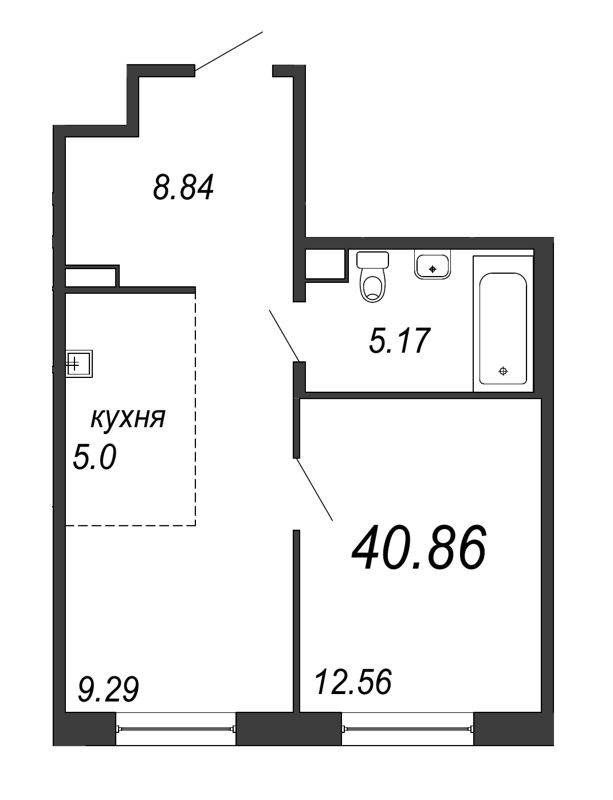 2-комнатная (Евро) квартира, 40.86 м² - планировка, фото №1