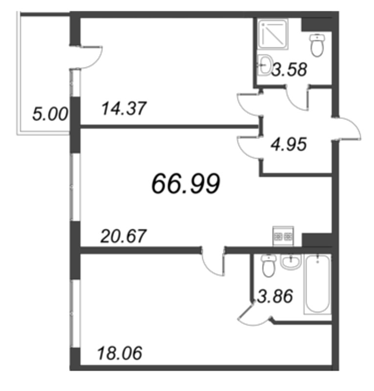 3-комнатная (Евро) квартира, 66.98 м² в ЖК "Bereg. Курортный" - планировка, фото №1