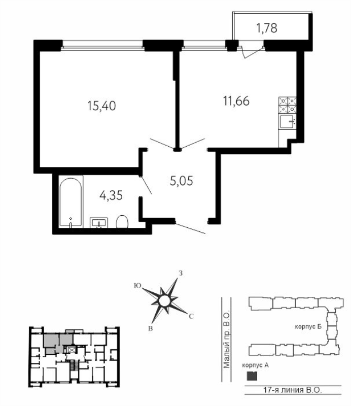 1-комнатная квартира, 36.99 м² в ЖК "17-я линия" - планировка, фото №1