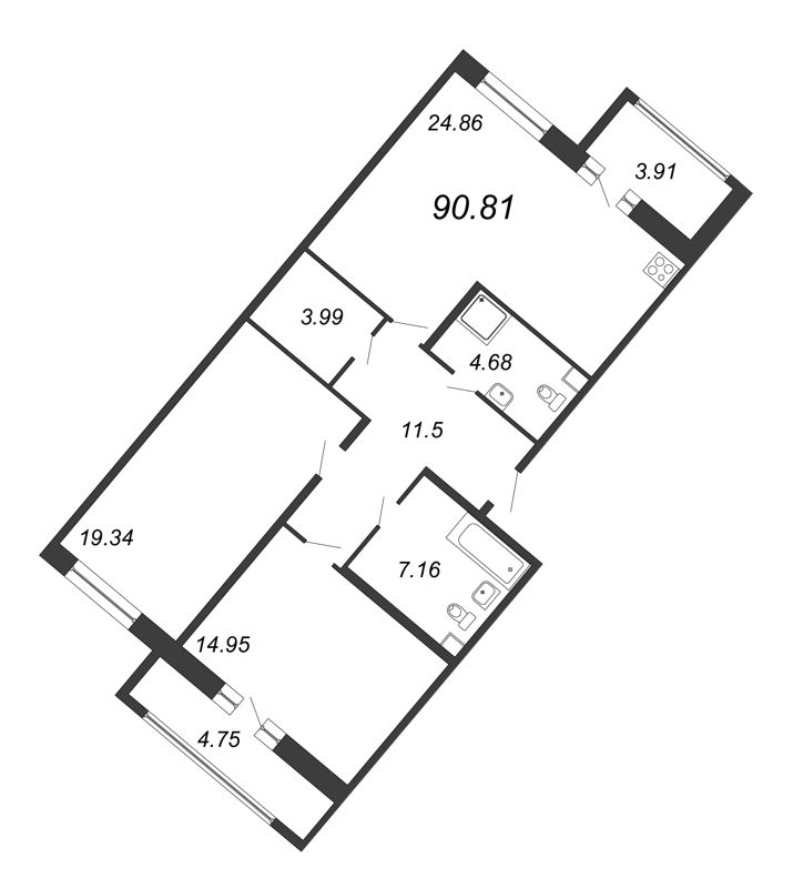 3-комнатная (Евро) квартира, 90.81 м² в ЖК "Modum" - планировка, фото №1