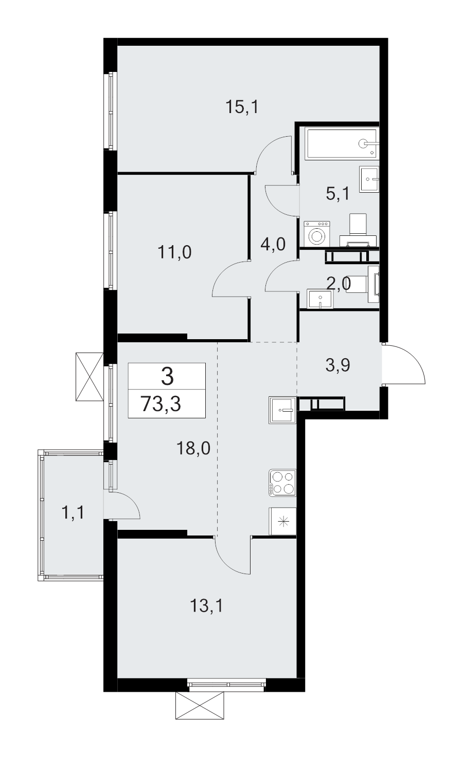 4-комнатная (Евро) квартира, 73.3 м² в ЖК "А101 Лаголово" - планировка, фото №1