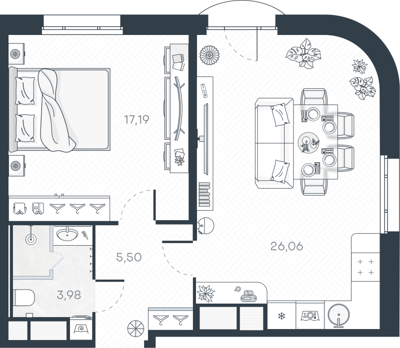 2-комнатная (Евро) квартира, 53.4 м² в ЖК "MONODOM-ART" - планировка, фото №1