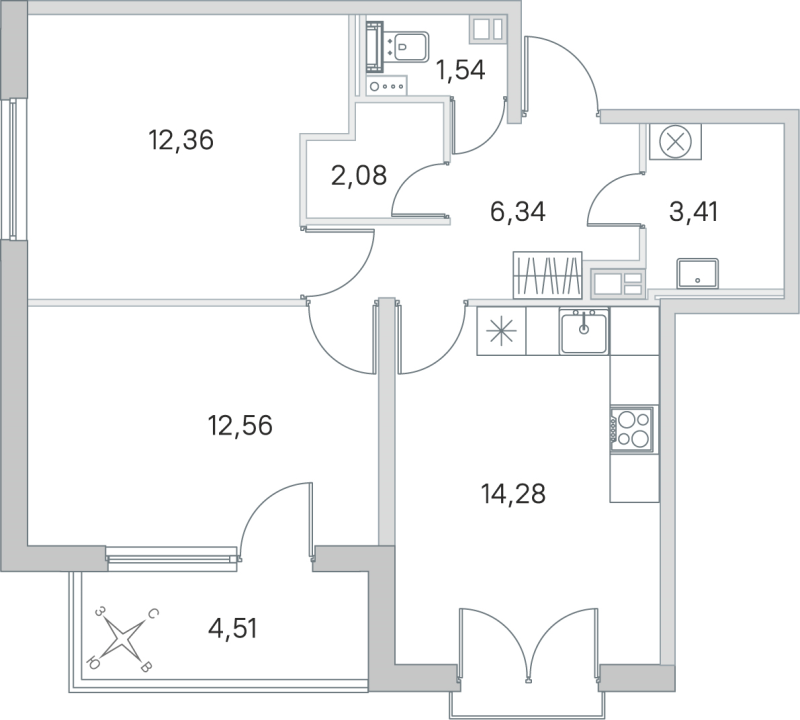 2-комнатная квартира, 52.57 м² в ЖК "Любоград" - планировка, фото №1