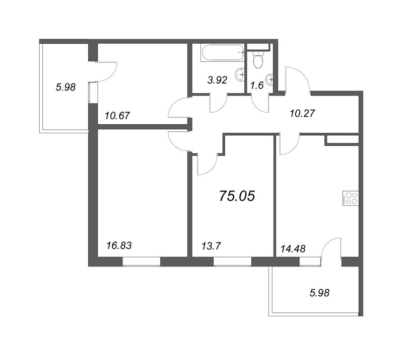 3-комнатная квартира, 71.47 м² в ЖК "Юттери" - планировка, фото №1
