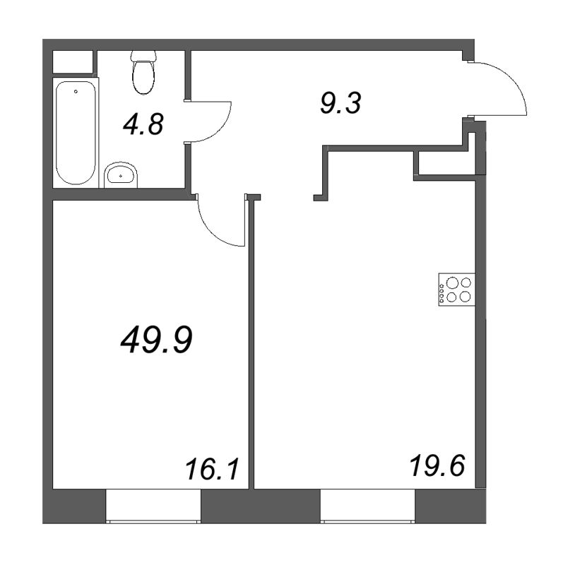 1-комнатная квартира, 49.9 м² в ЖК "Моисеенко 10" - планировка, фото №1