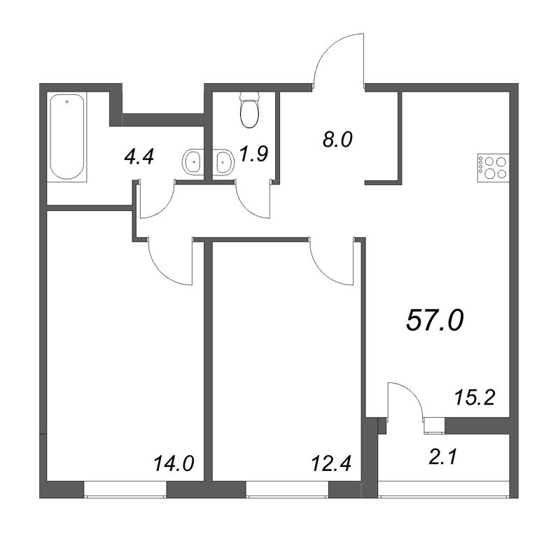 3-комнатная (Евро) квартира, 57 м² - планировка, фото №1
