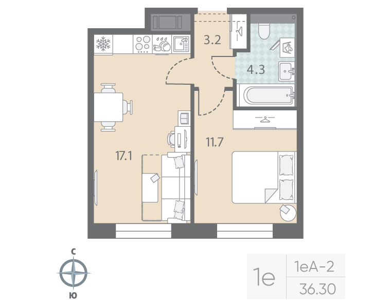 2-комнатная (Евро) квартира, 36.3 м² в ЖК "Большая Охта" - планировка, фото №1