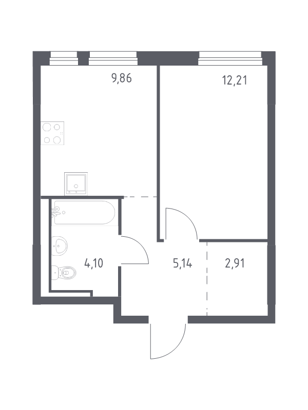 1-комнатная квартира, 34.22 м² - планировка, фото №1