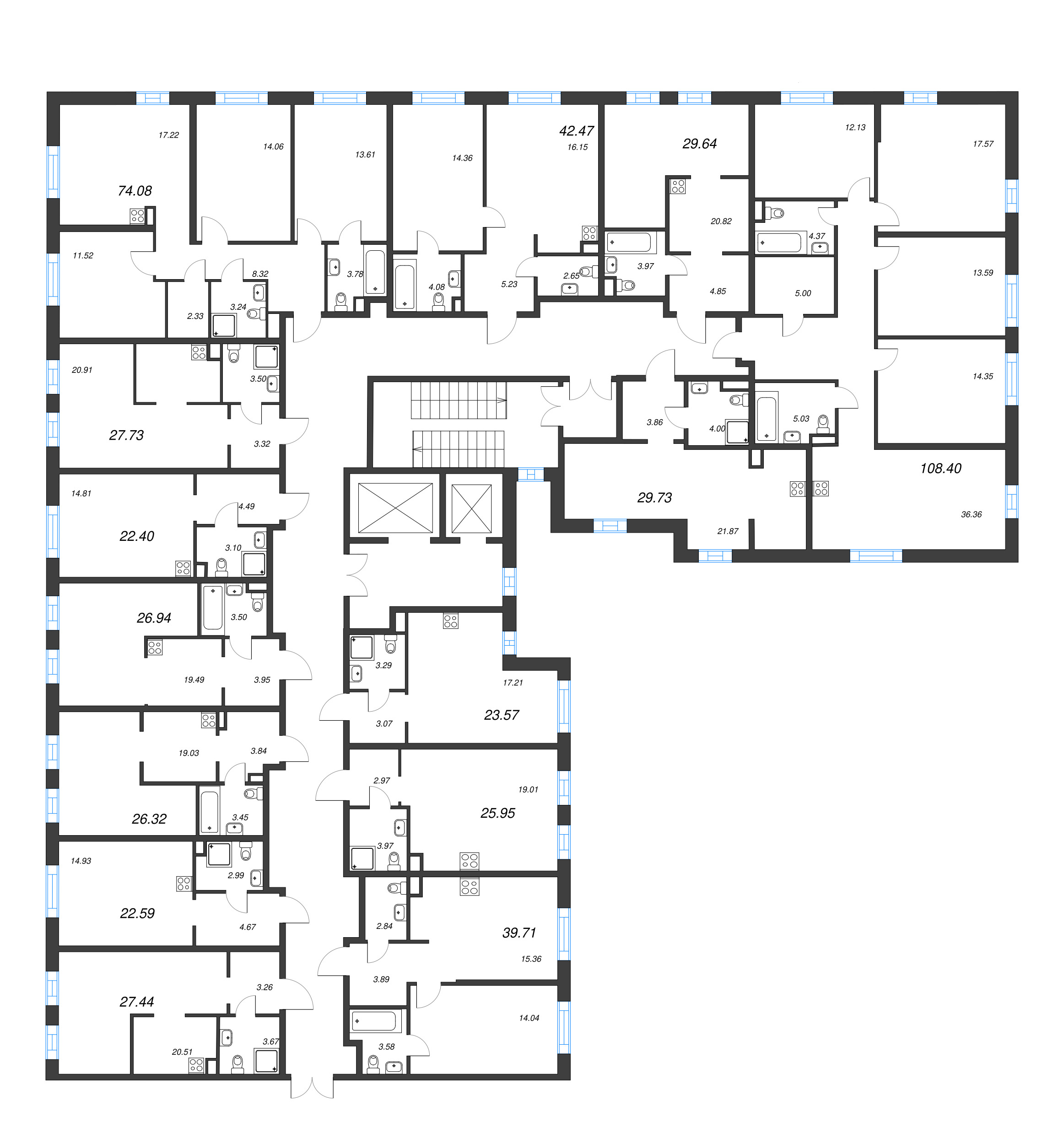 4-комнатная (Евро) квартира, 74.08 м² - планировка этажа