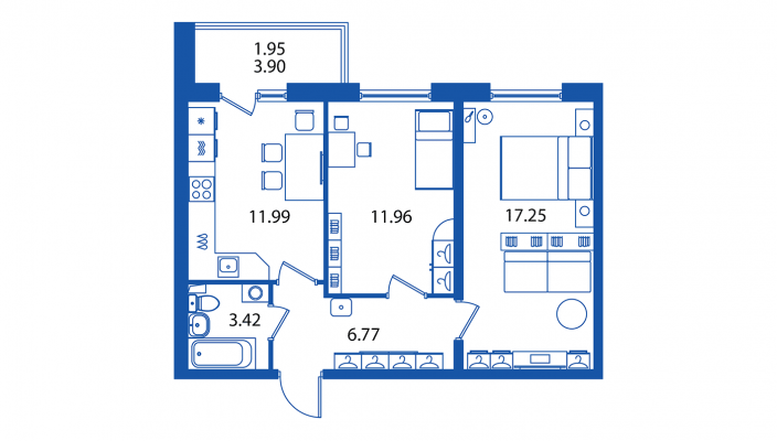 2-комнатная квартира, 51.39 м² в ЖК "Полис Приморский" - планировка, фото №1