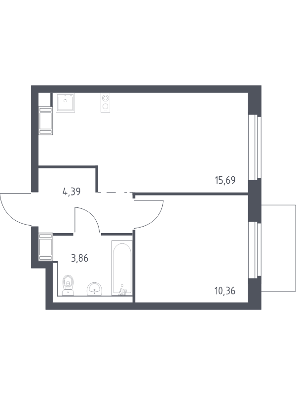 2-комнатная (Евро) квартира, 34.3 м² в ЖК "Квартал Торики" - планировка, фото №1