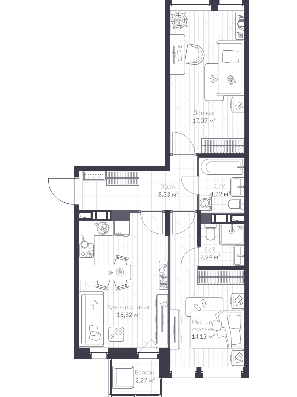3-комнатная (Евро) квартира, 66.6 м² - планировка, фото №1