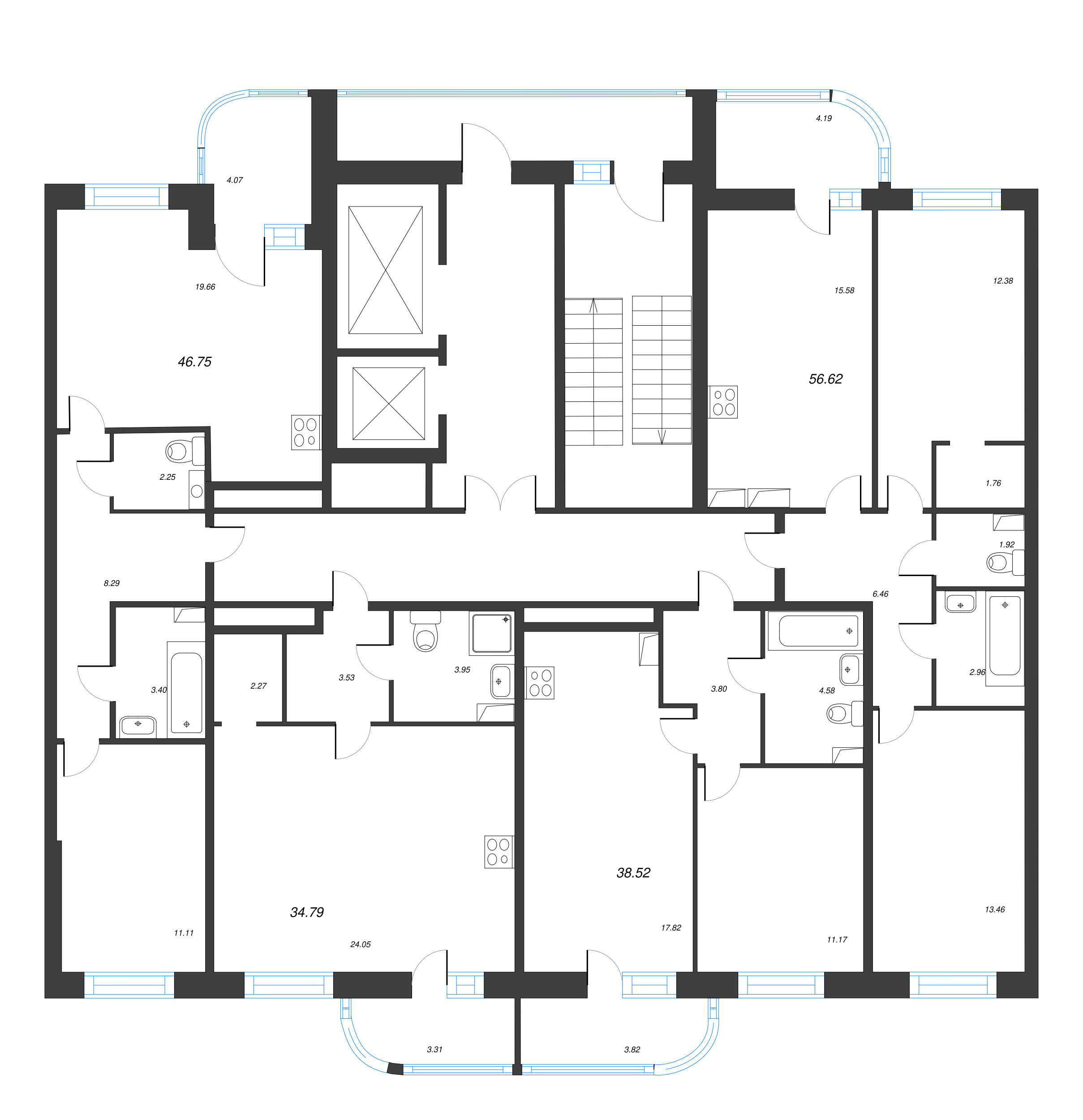 2-комнатная (Евро) квартира, 46.75 м² в ЖК "Энфилд" - планировка этажа