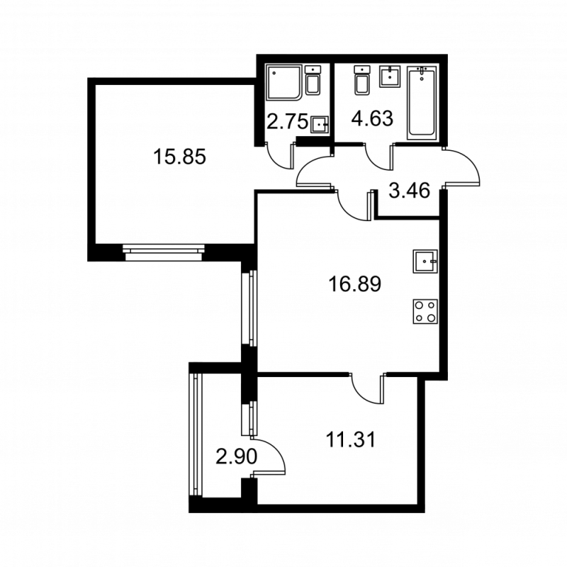 3-комнатная (Евро) квартира, 56.34 м² в ЖК "Квартал Заречье" - планировка, фото №1