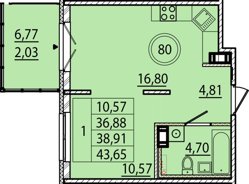 2-комнатная (Евро) квартира, 36.88 м² в ЖК "Образцовый квартал 15" - планировка, фото №1