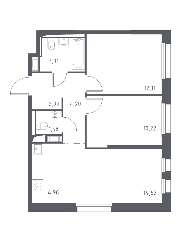 3-комнатная (Евро) квартира, 54.59 м² в ЖК "Новые Лаврики" - планировка, фото №1