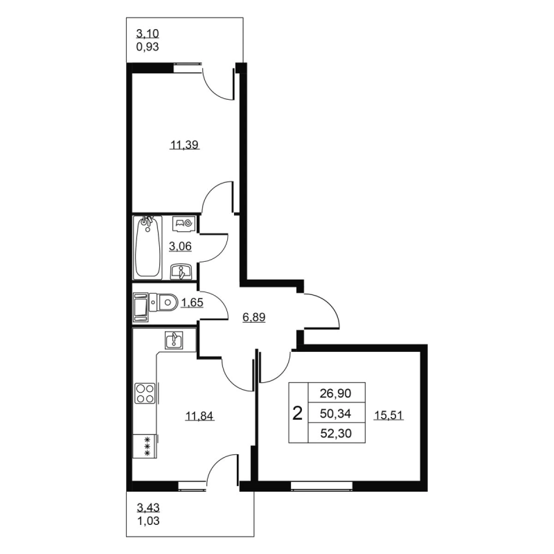 2-комнатная квартира, 52.3 м² в ЖК "Пулковское, 34" - планировка, фото №1