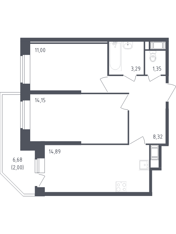 3-комнатная (Евро) квартира, 55 м² - планировка, фото №1