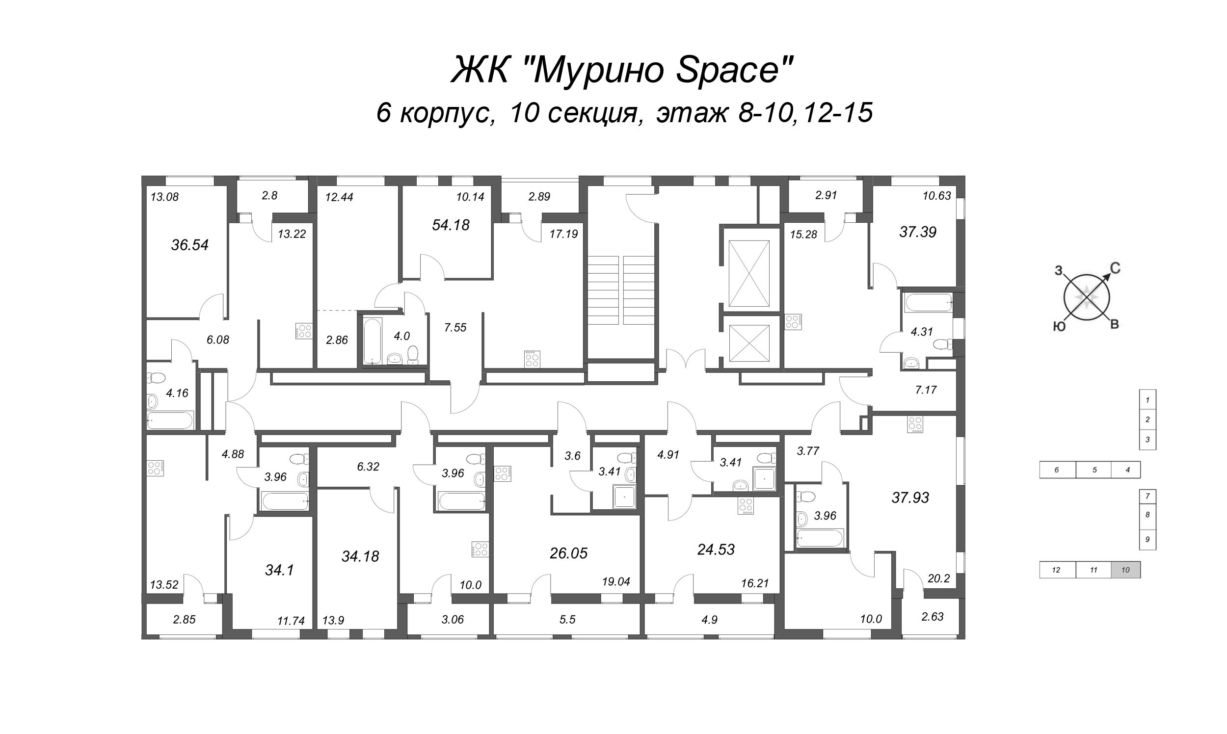 3-комнатная (Евро) квартира, 54.18 м² в ЖК "Мурино Space" - планировка этажа