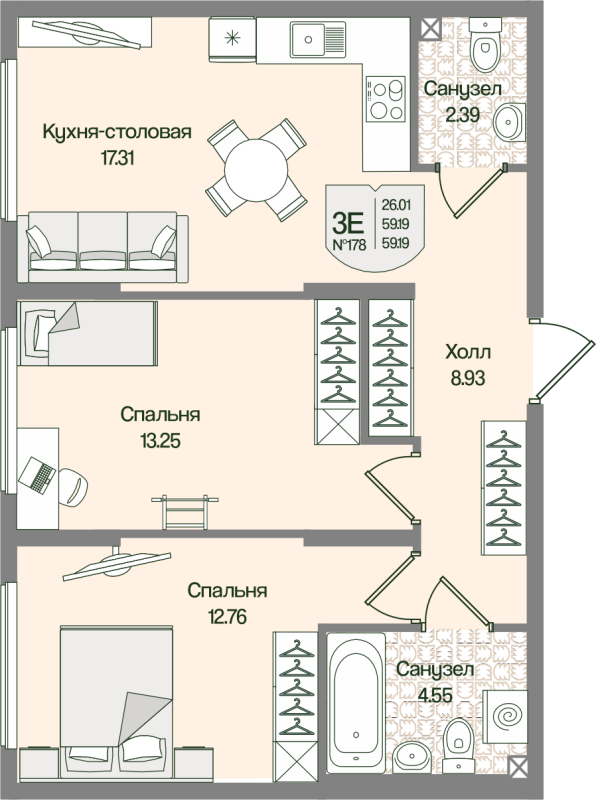 3-комнатная (Евро) квартира, 59.19 м² в ЖК "Охтинские высоты" - планировка, фото №1