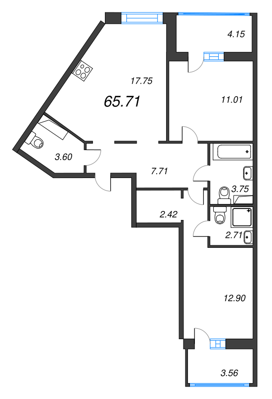 3-комнатная (Евро) квартира, 69.56 м² в ЖК "Jaanila Драйв" - планировка, фото №1