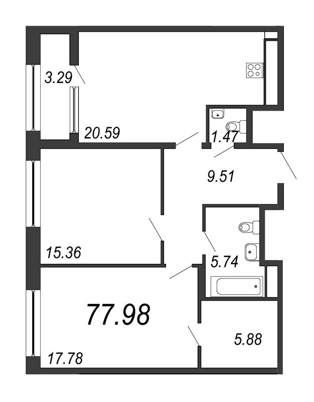 3-комнатная (Евро) квартира, 77.98 м² в ЖК "Дефанс Премиум" - планировка, фото №1