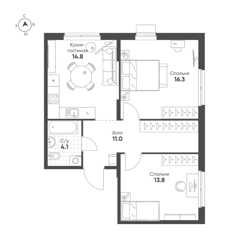 2-комнатная квартира, 60 м² в ЖК "Ягодное Река Парк" - планировка, фото №1