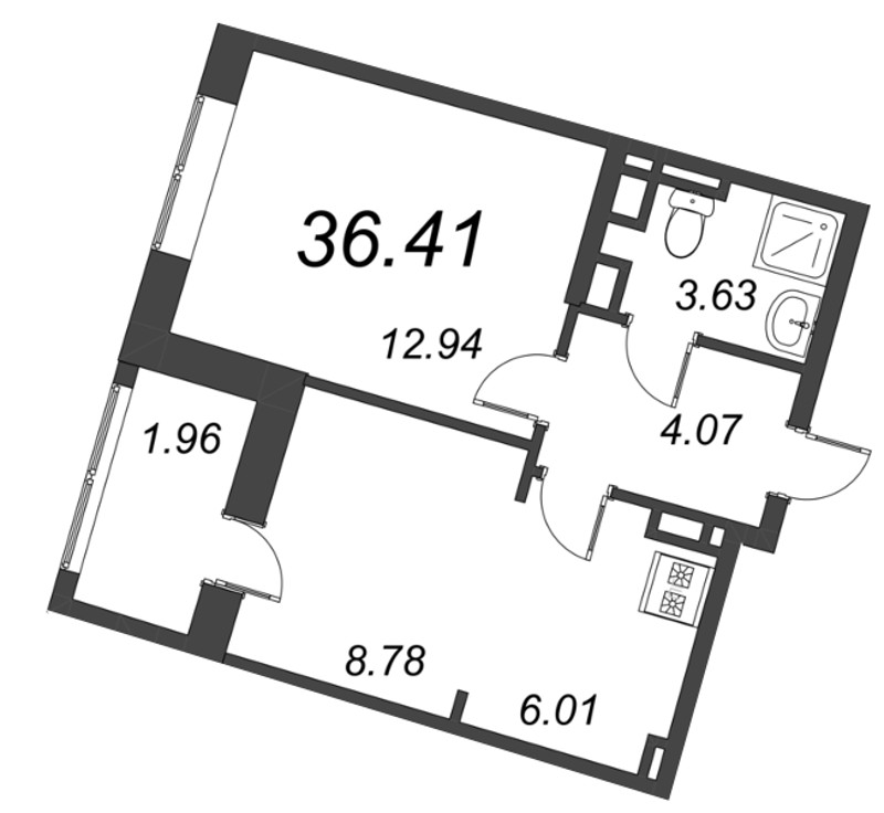 1-комнатная квартира, 36.41 м² в ЖК "Курортный Квартал" - планировка, фото №1