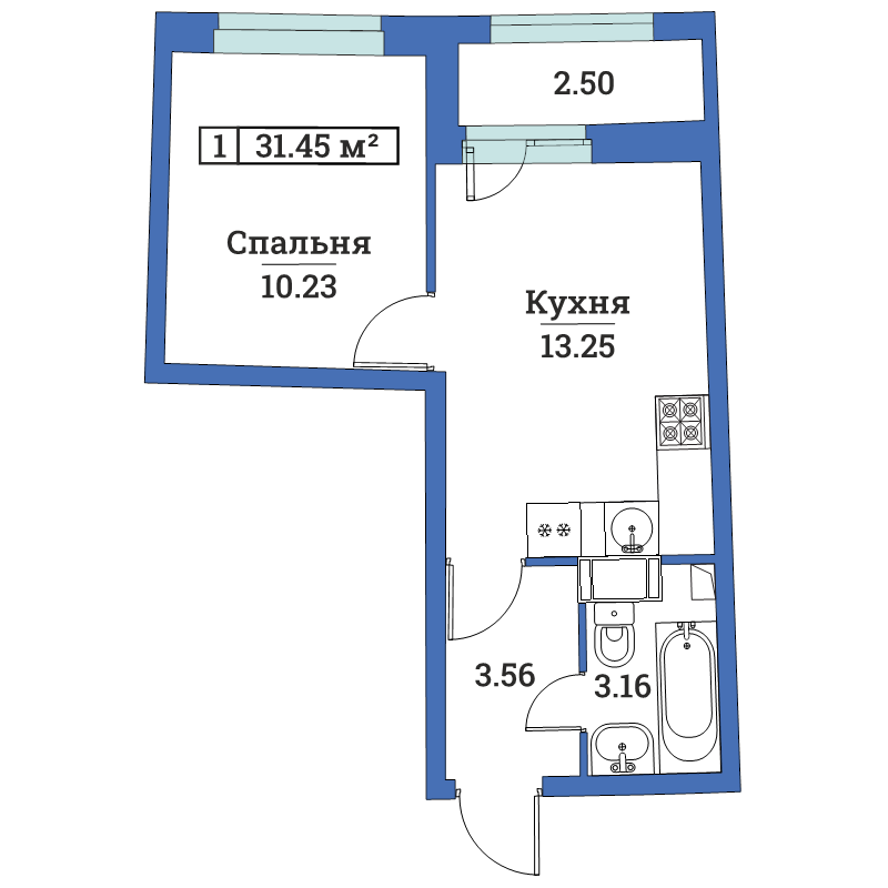 1-комнатная квартира, 31.9 м² в ЖК "Авиатор (Лидер Групп)" - планировка, фото №1