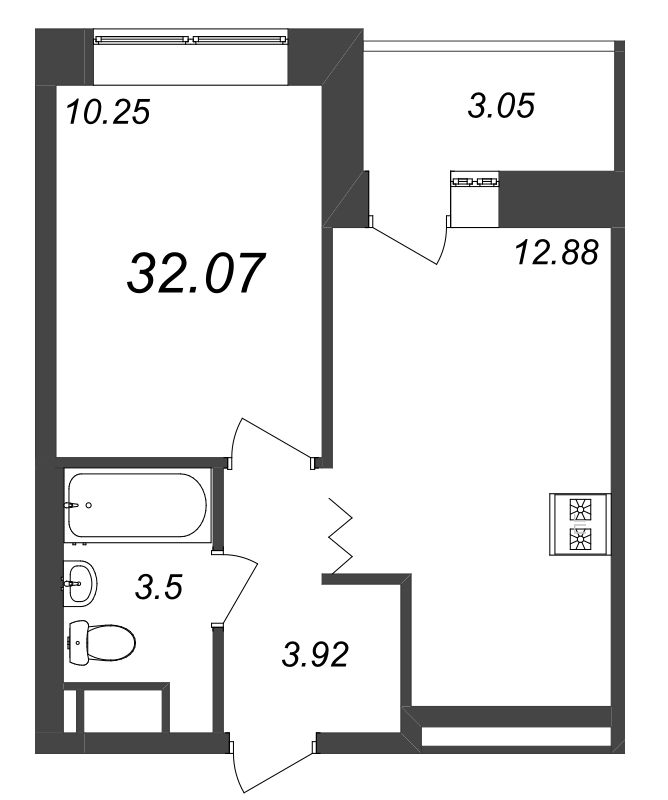1-комнатная квартира, 32.07 м² - планировка, фото №1