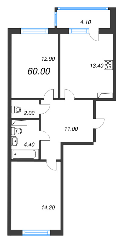 2-комнатная квартира, 60 м² - планировка, фото №1