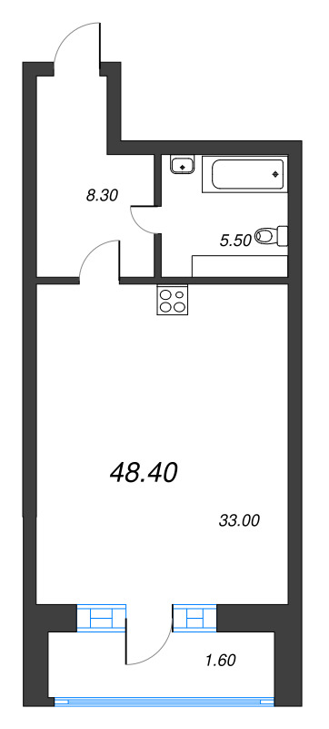 Квартира-студия, 46.7 м² - планировка, фото №1