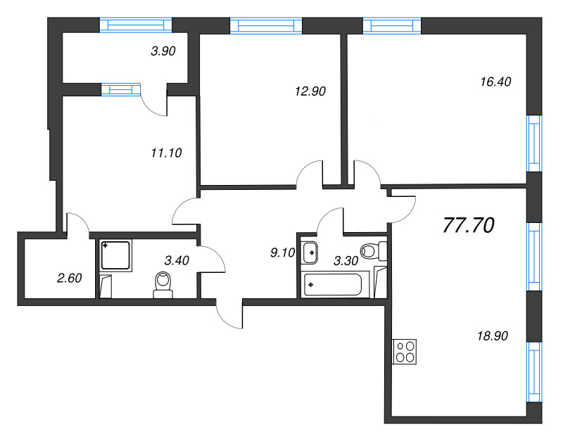 4-комнатная (Евро) квартира, 77.7 м² - планировка, фото №1