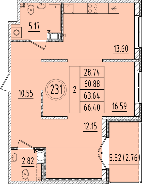 2-комнатная квартира, 60.88 м² в ЖК "Образцовый квартал 6.4" - планировка, фото №1