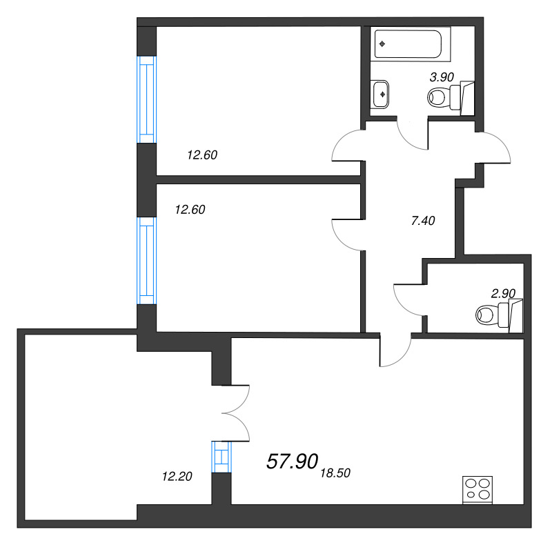 3-комнатная (Евро) квартира, 57.9 м² - планировка, фото №1