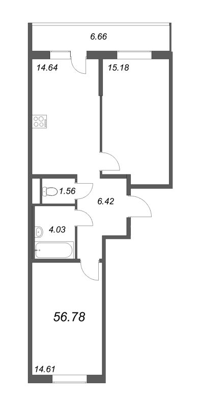 2-комнатная квартира, 56.78 м² - планировка, фото №1