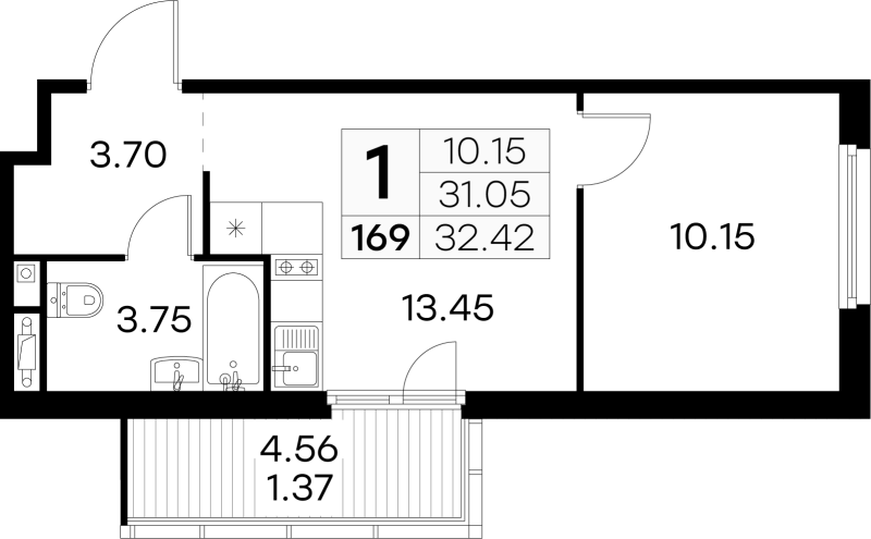 1-комнатная квартира, 32.42 м² в ЖК "GloraX Парголово" - планировка, фото №1