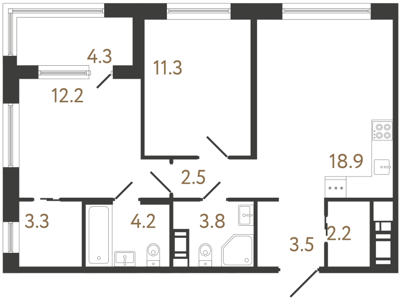 3-комнатная (Евро) квартира, 61.9 м² в ЖК "Передвижники 2" - планировка, фото №1