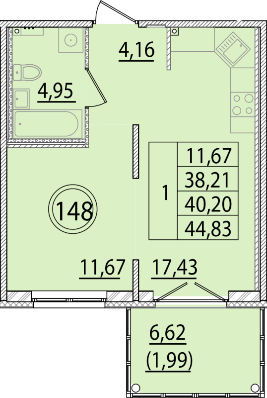 2-комнатная (Евро) квартира, 38.21 м² в ЖК "Образцовый квартал 15" - планировка, фото №1