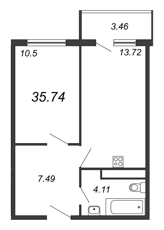 1-комнатная квартира, 36.86 м² в ЖК "Avenue-Apart на Дыбенко" - планировка, фото №1