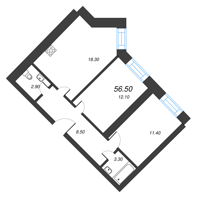 2-комнатная квартира, 56.5 м² в ЖК "Листва" - планировка, фото №1