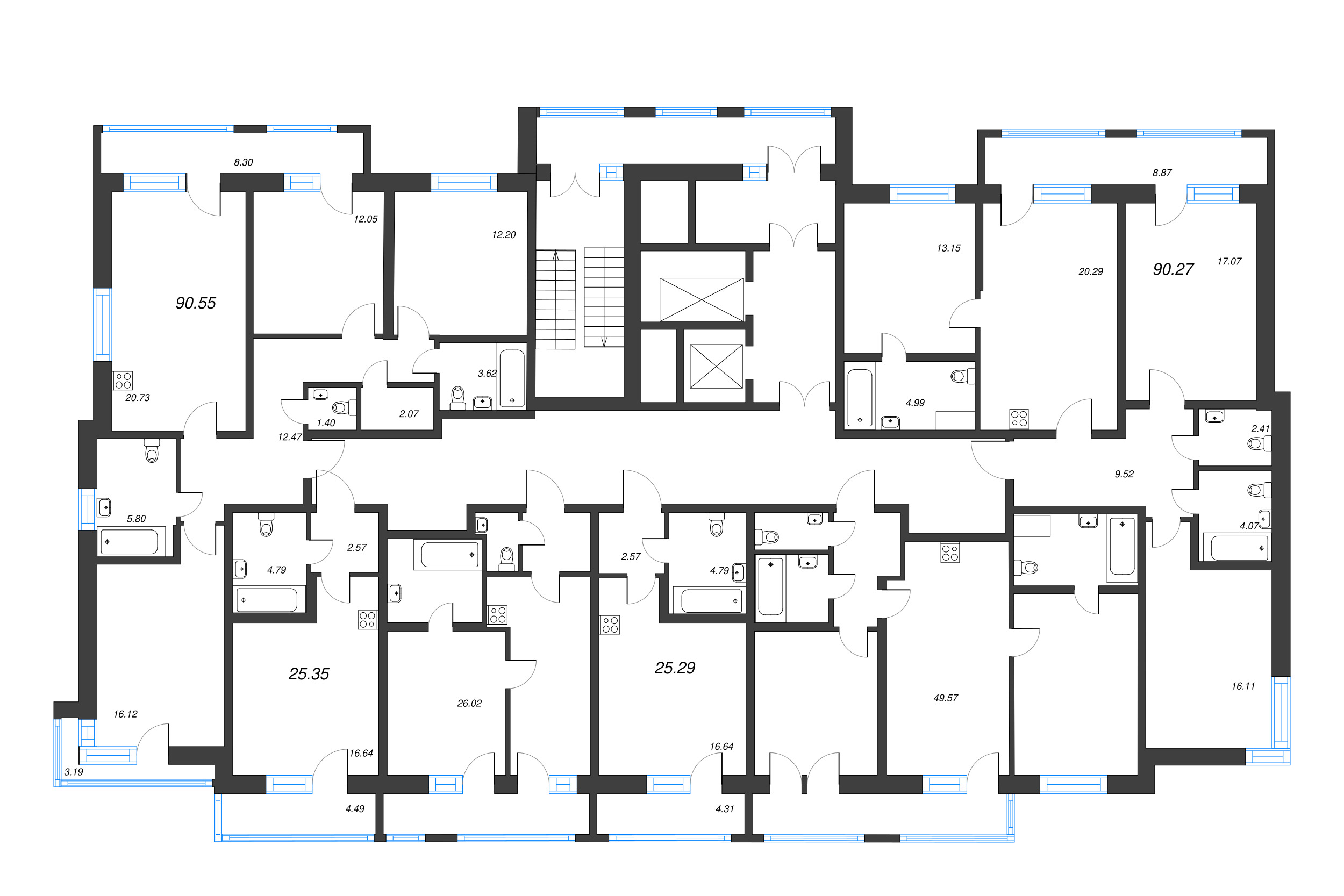 4-комнатная (Евро) квартира, 90.27 м² - планировка этажа