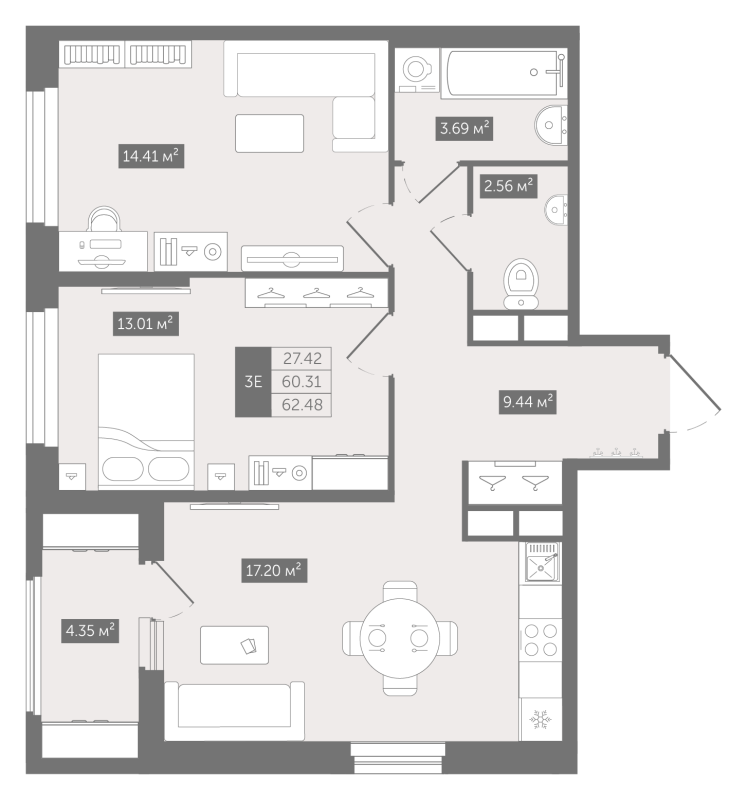 3-комнатная (Евро) квартира, 62.48 м² - планировка, фото №1