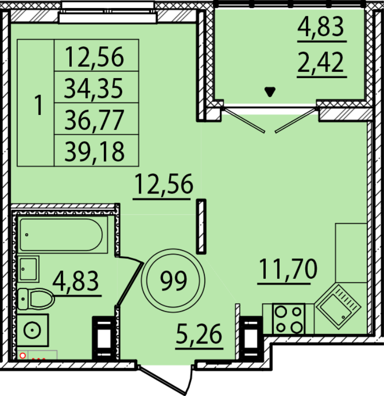 1-комнатная квартира, 34.35 м² - планировка, фото №1