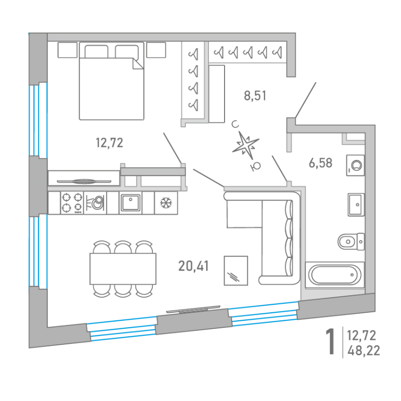 2-комнатная (Евро) квартира, 48.13 м² в ЖК "Министр" - планировка, фото №1