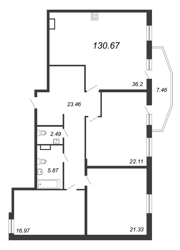 3-комнатная квартира, 127.1 м² - планировка, фото №1