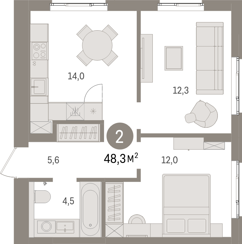 2-комнатная квартира, 48.3 м² - планировка, фото №1