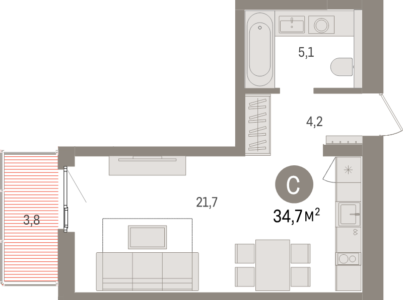 Квартира-студия, 34.7 м² в ЖК "Брусника в Новоселье" - планировка, фото №1