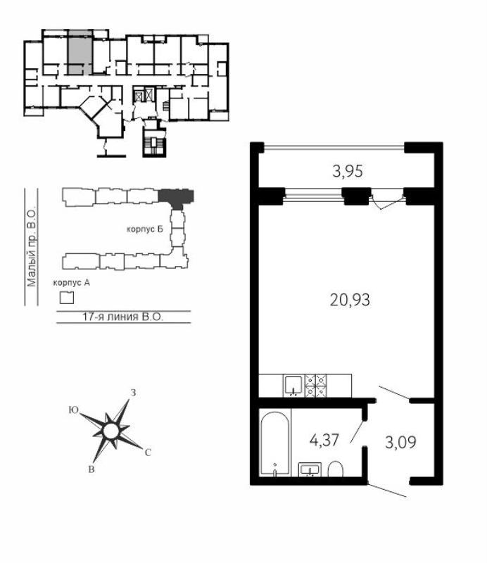 Квартира-студия, 29.58 м² в ЖК "17-я линия" - планировка, фото №1