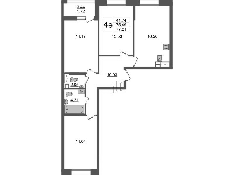 4-комнатная (Евро) квартира, 77.21 м² - планировка, фото №1